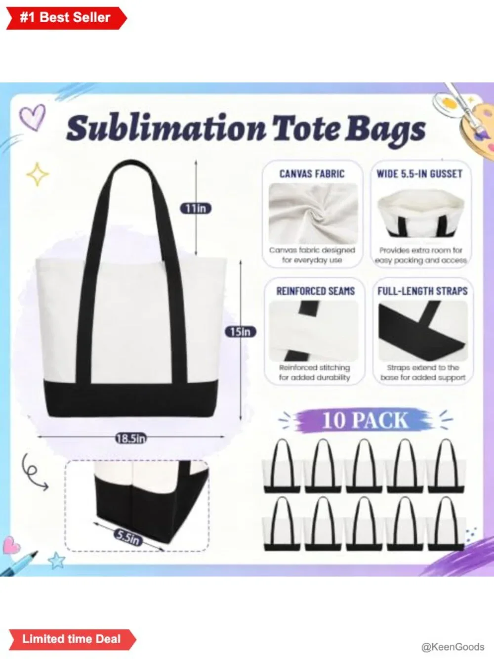 Canvas Tote Bags 10 Pack Large 18.5x15x5.5in Long Handle Reusable